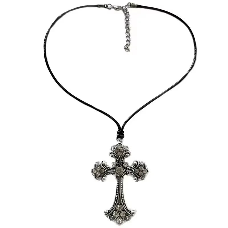 Large Goth Detailed Rhinestone Zinc Alloy Cross Rope Chain Choker