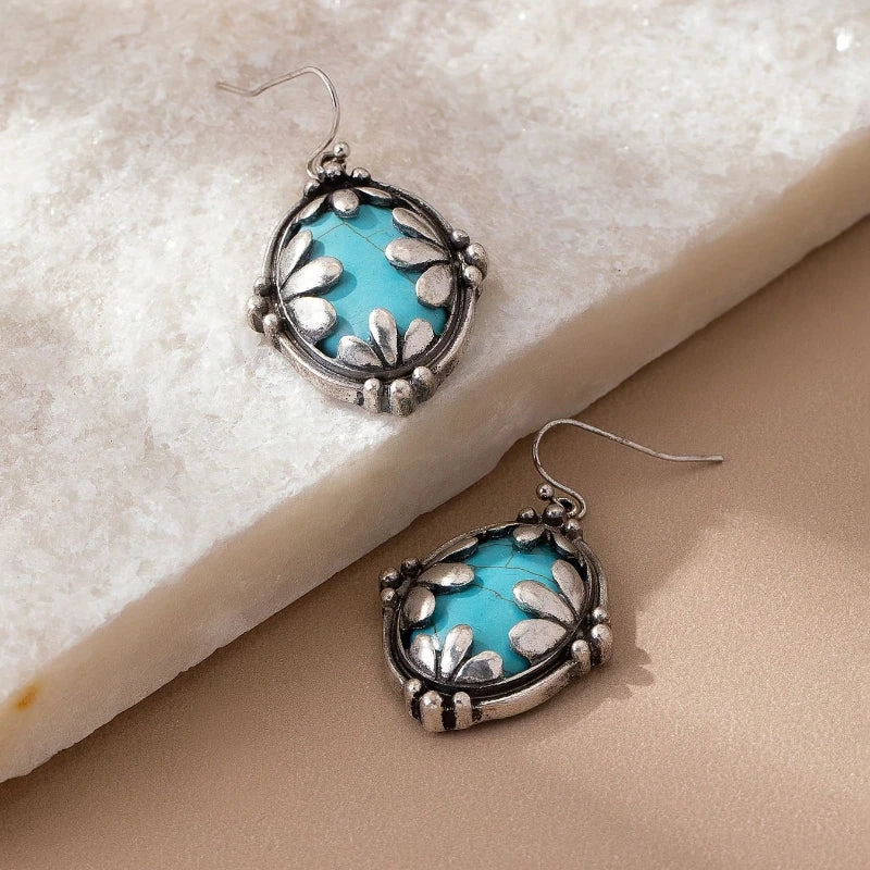 Bohemian Oval Flower Large Turquoise Drop Alloy Earrings
