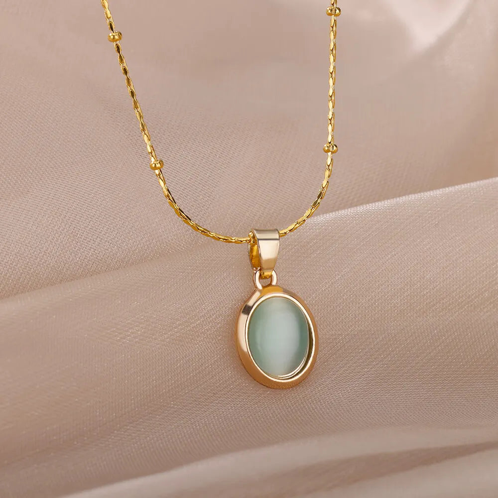 Opal Stone Pendant Stainless Steel Necklace