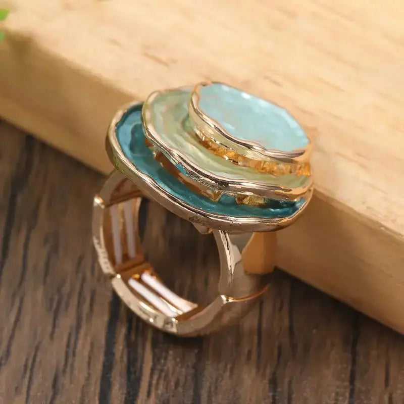 14K Gold Plated Cocktail Ring - Bohemian Three-Layer Circular Blue Bold
