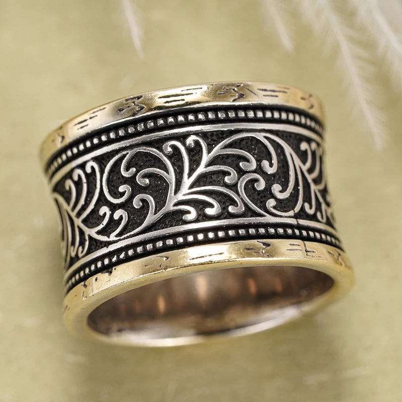 Two Tone Black Pattern Brass Band Ring - Bold, Statement Piece, Unique