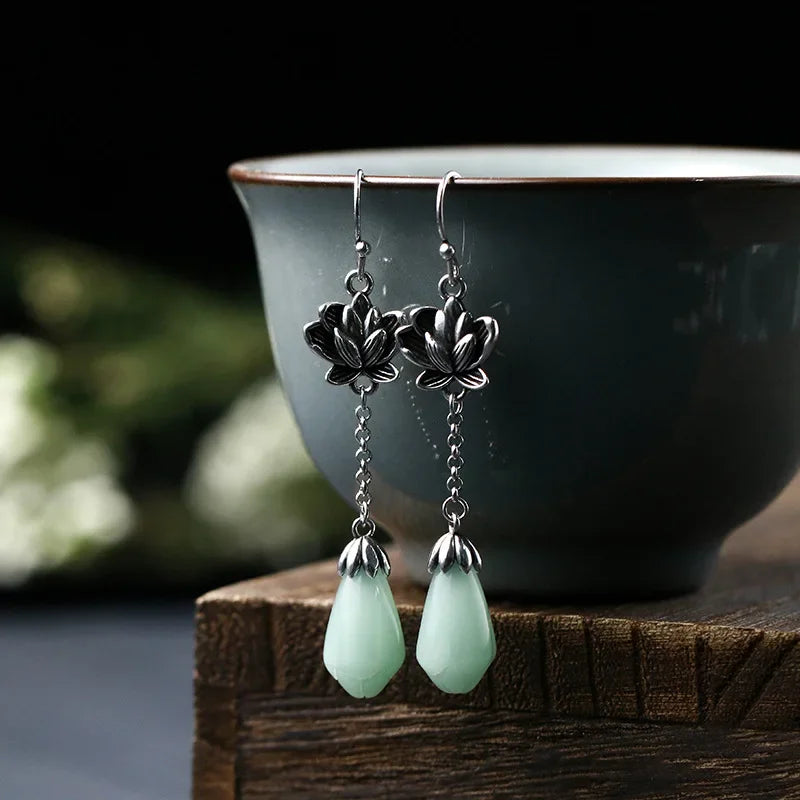 925 Sterling Silver Lotus Flower Jade Stone Drop Earrings