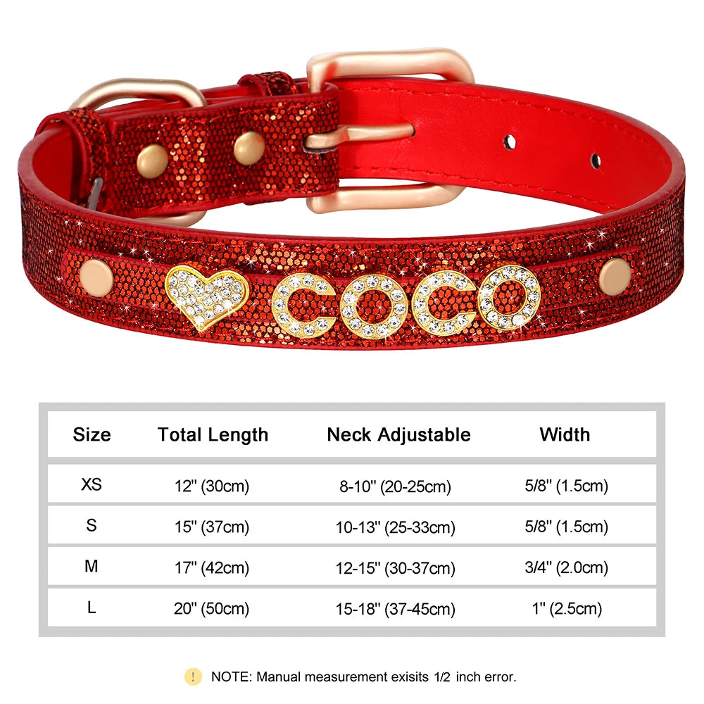 Faux Leather Dog Collar with Rhinestones - Customize, Engrave, Name Tag