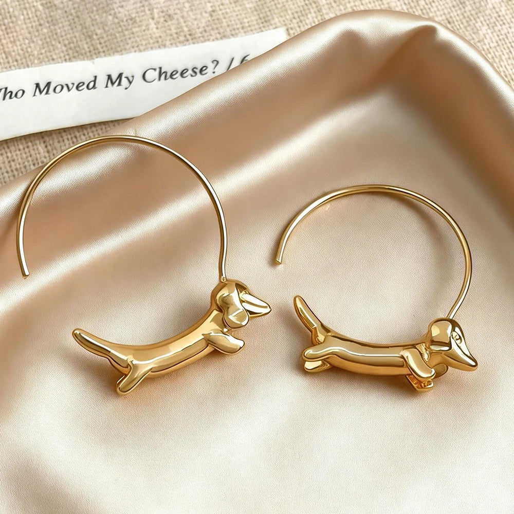 Polished Silver Plated Sausage Dachshund Dog Open Hoop Earrings
