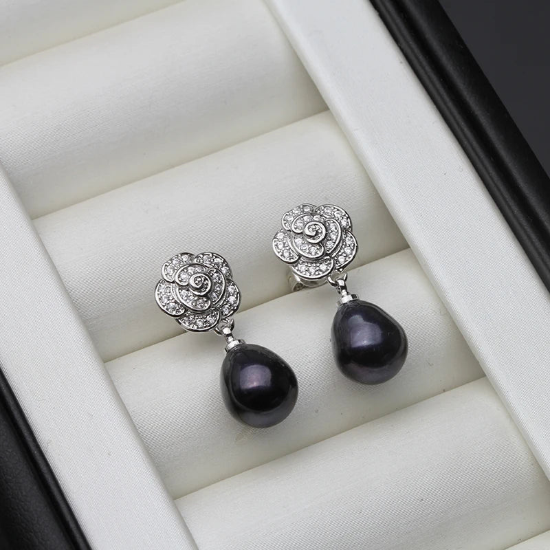 925 Sterling Silver Freshwater Pearl CZ Flower Drop Earrings