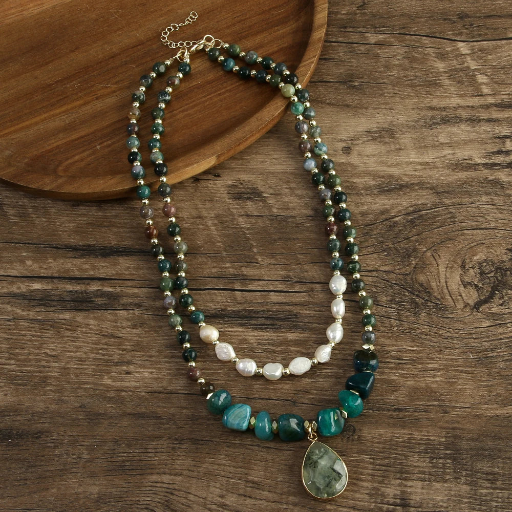 Bohemian 2-Layer Tiger Eye Indian Agate Stone Freshwater Pearl Drop Pendant Necklace