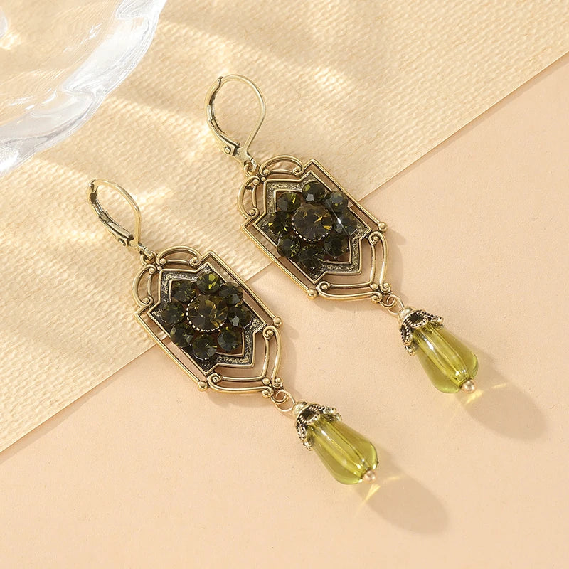 KC Gold Plated Copper Green Stone Earrings - Victorian Edwardian Art Nouveau