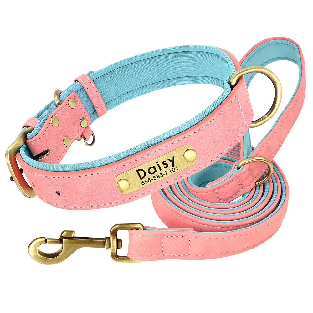 Quality Faux Leather Dog Collar Leash Set - Customize, Engrave, Name Tag