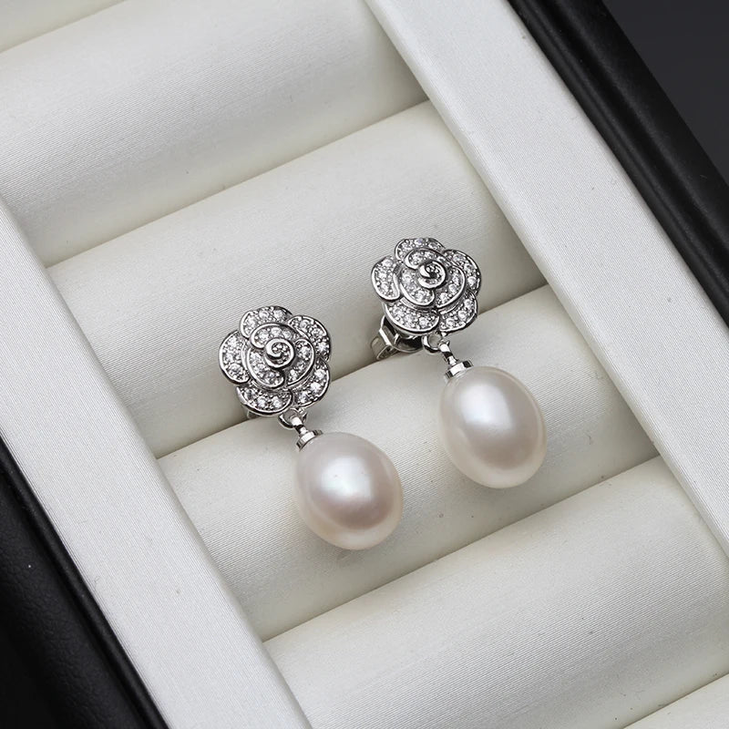 925 Sterling Silver Freshwater Pearl CZ Flower Drop Earrings