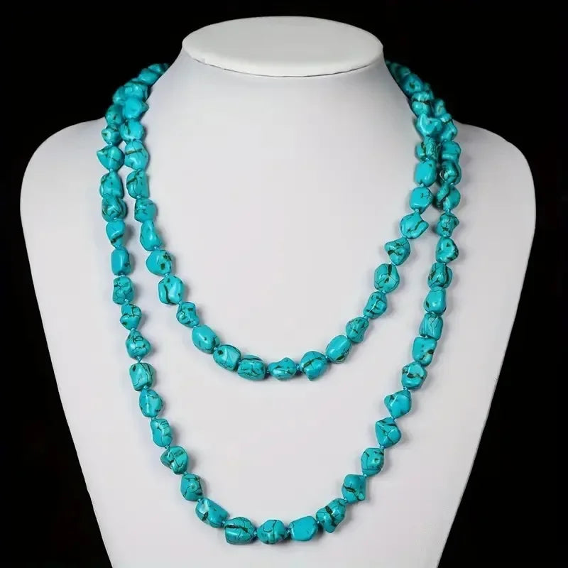 Boho Long Knotted Stone Turquoise Beads Necklace