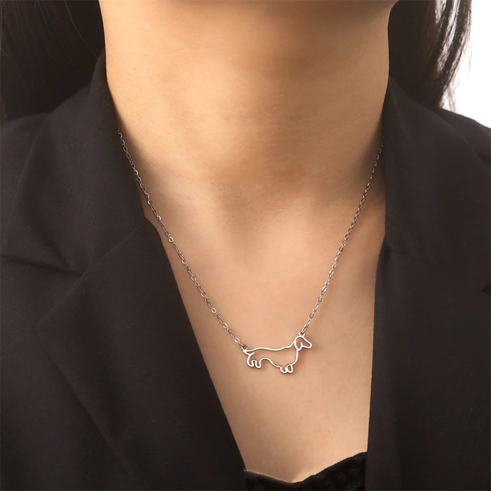 45+5 cm Stainless Steel Pendant Necklace Dachshund Dog Cutout Heart - 4 Options
