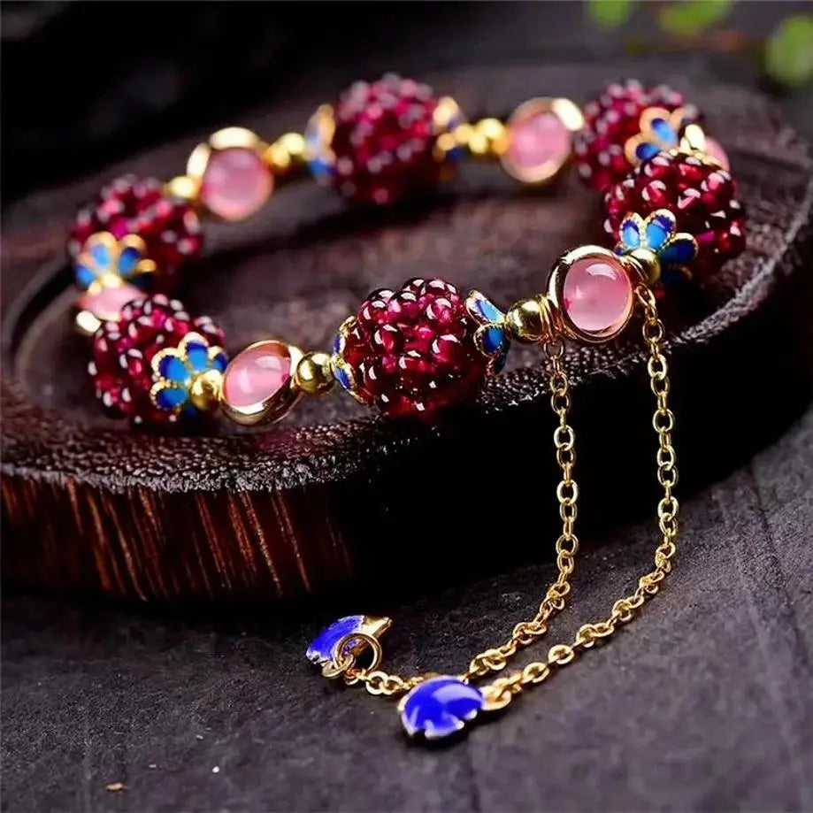 Pomegranate Fruit Blue Flower Tianhe Stone Beaded Strand Bracelet - Nature Inspired Unique