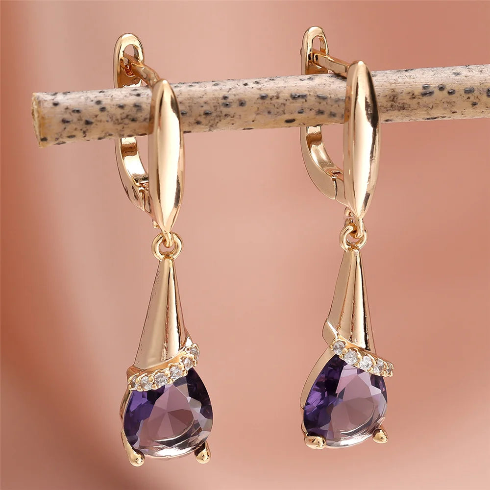Elegant Female Purple Zircon Stone Water Drop Gold Color Earrings Cute Dangle Boho Wedding Jewelry For Women