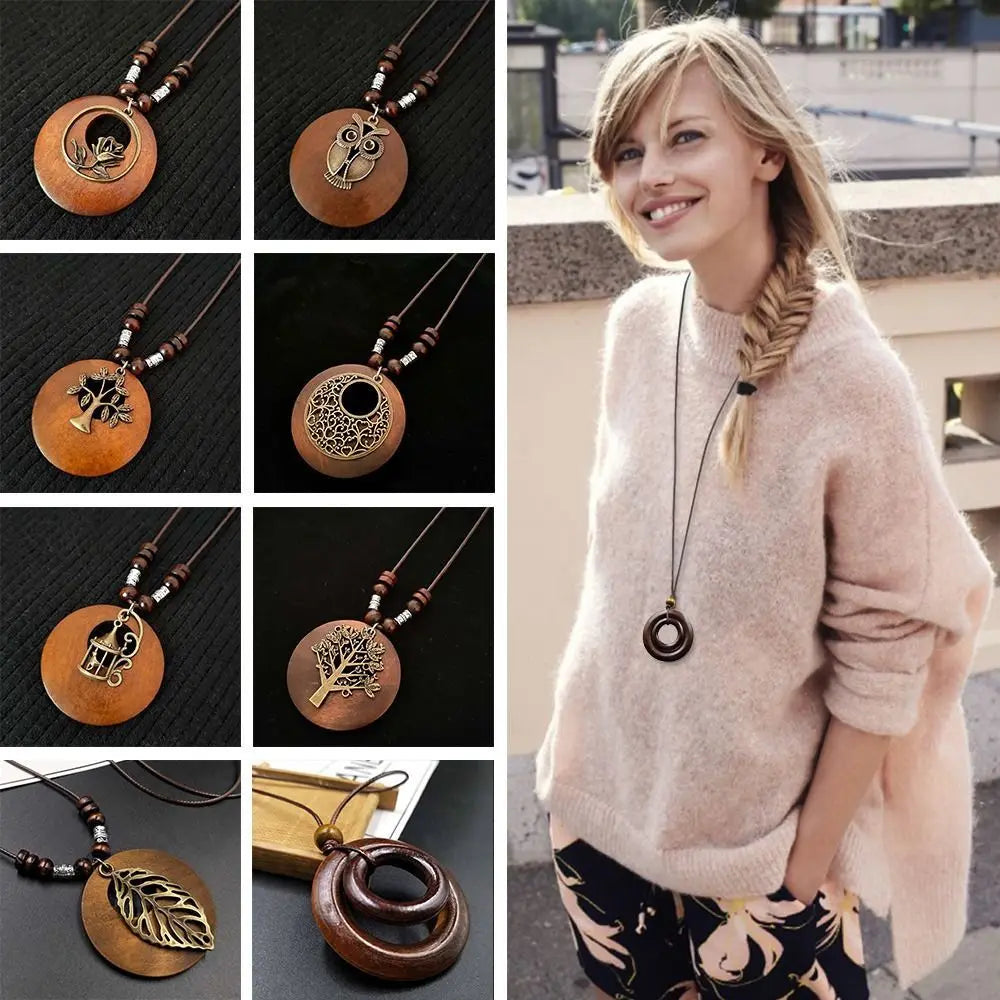 Retro Wooden Pendant Aluminum Alloy Chain Necklace Selection