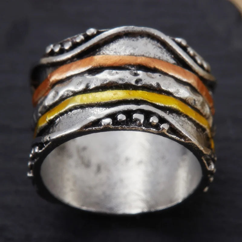Retro Boho Multi-Color Zinc Alloy Band Ring - Layered Texture, Unique, Handmade