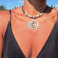 Boho Carved Floral Circle Pendant Alloy Necklace Rope Chain