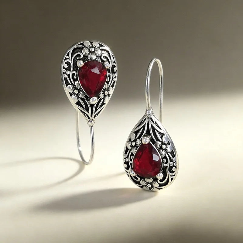 925 Sterling Silver Red Zircon Flower Drop Earrings