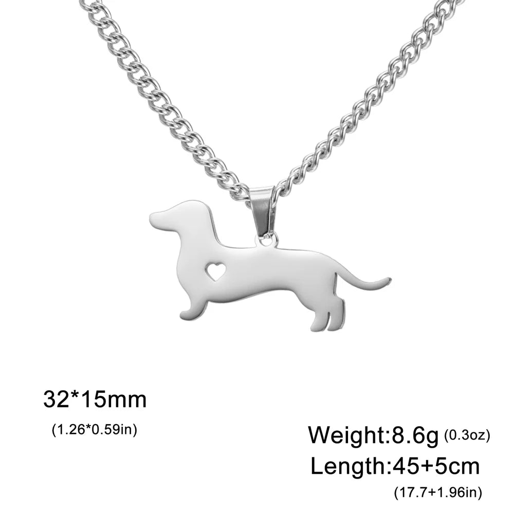 45+5 cm Stainless Steel Pendant Necklace Dachshund Dog Cutout Heart - 4 Options