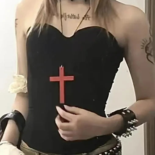 Large Y2K Goth Wood Cross Pendant Zinc Alloy Necklace