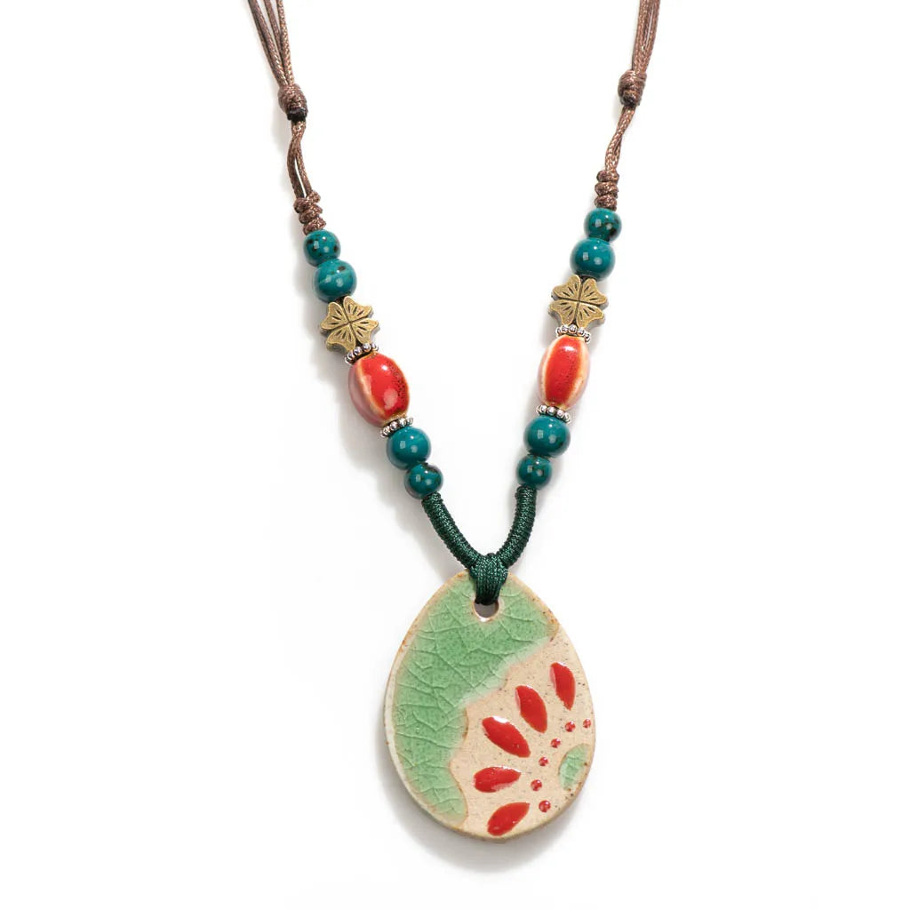 Handmade Ceramic Pendant Beads Necklace Retro