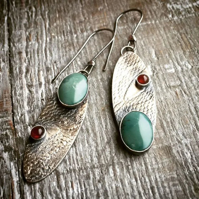 Collection of Bohemian Ethnic Oval Resin Stone Drop Zinc Alloy Earrings