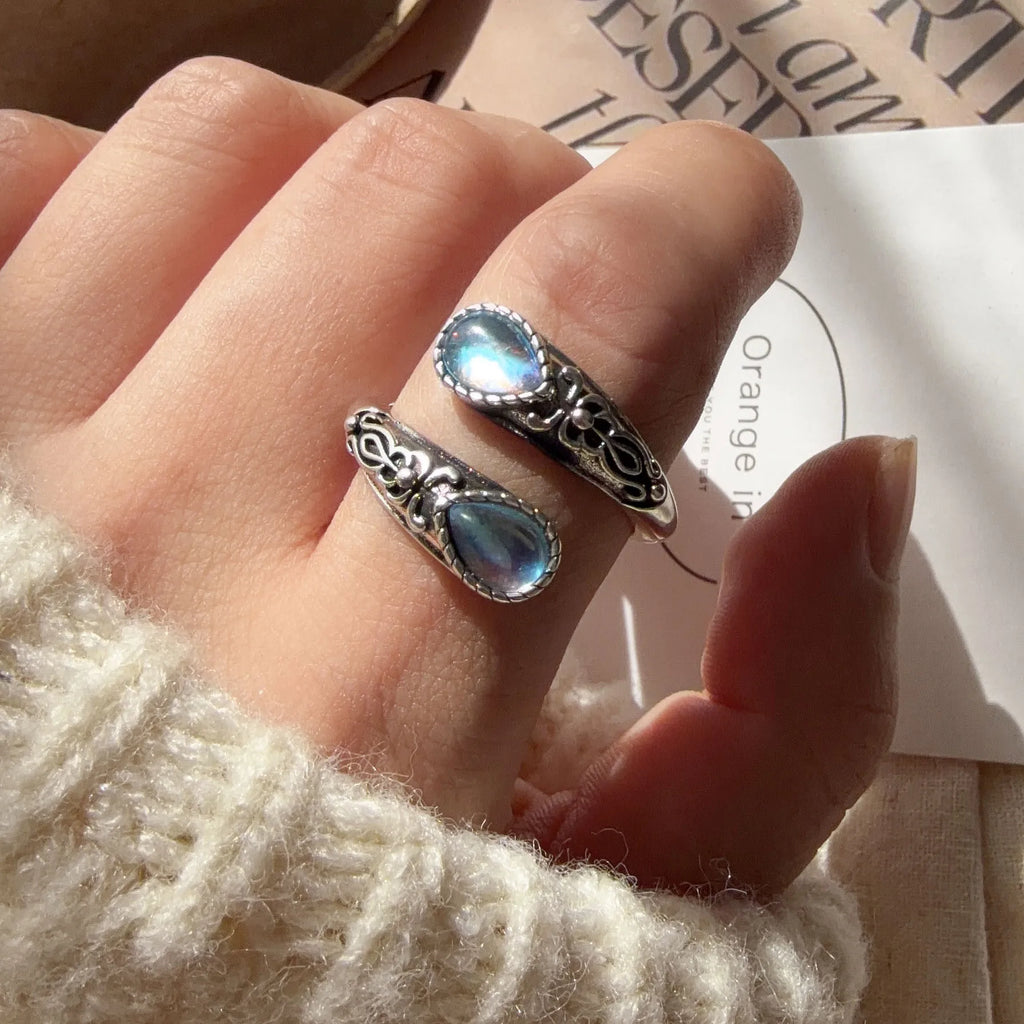 925 Sterling Silver Adjustable Blue Stone Flower Ring