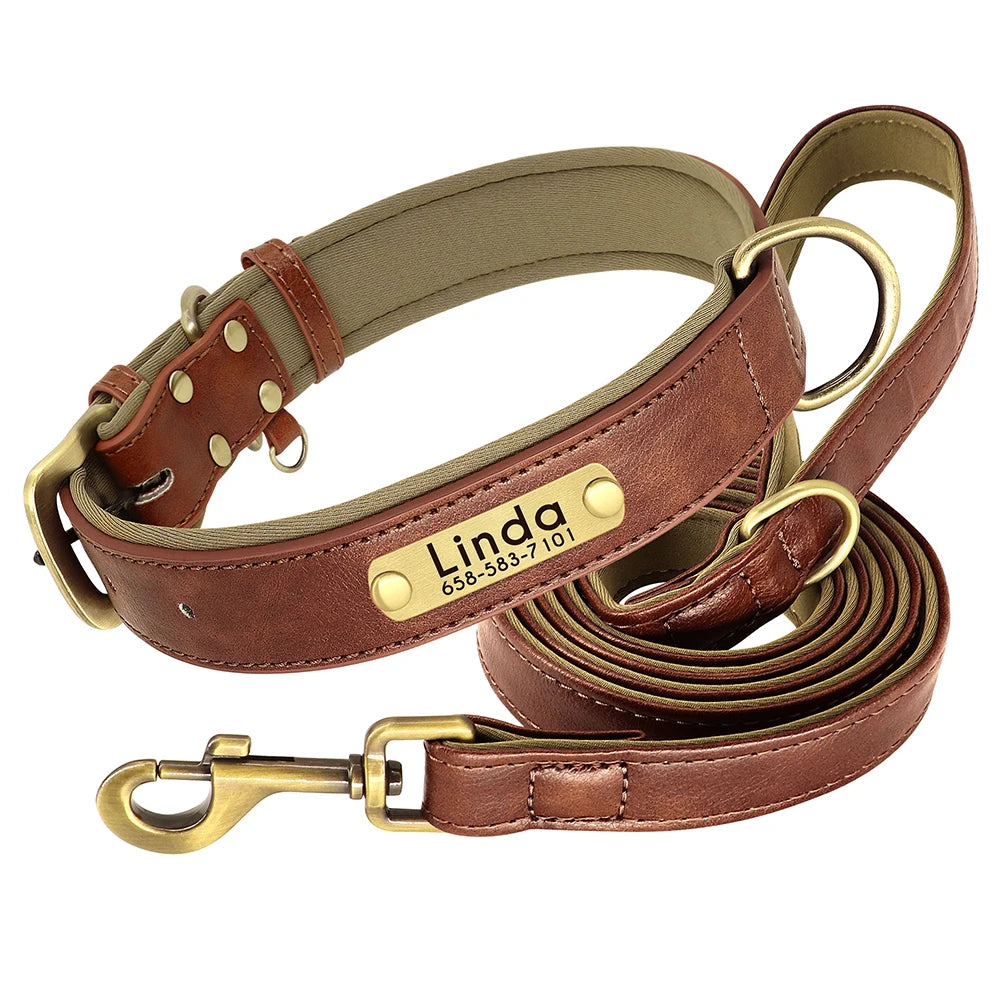 Quality Faux Leather Dog Collar Leash Set - Customize, Engrave, Name Tag