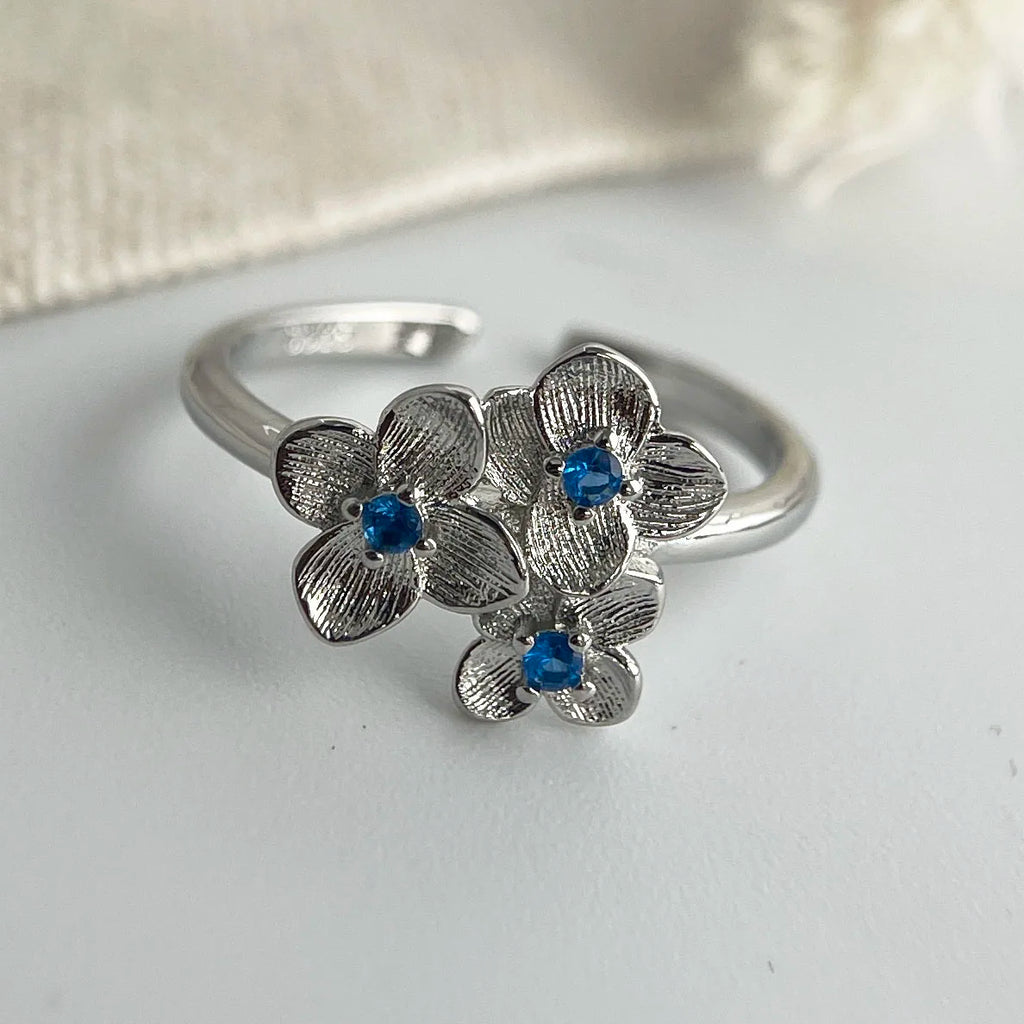 925 Sterling Silver Blue Flower Zircon Adjustable Ring