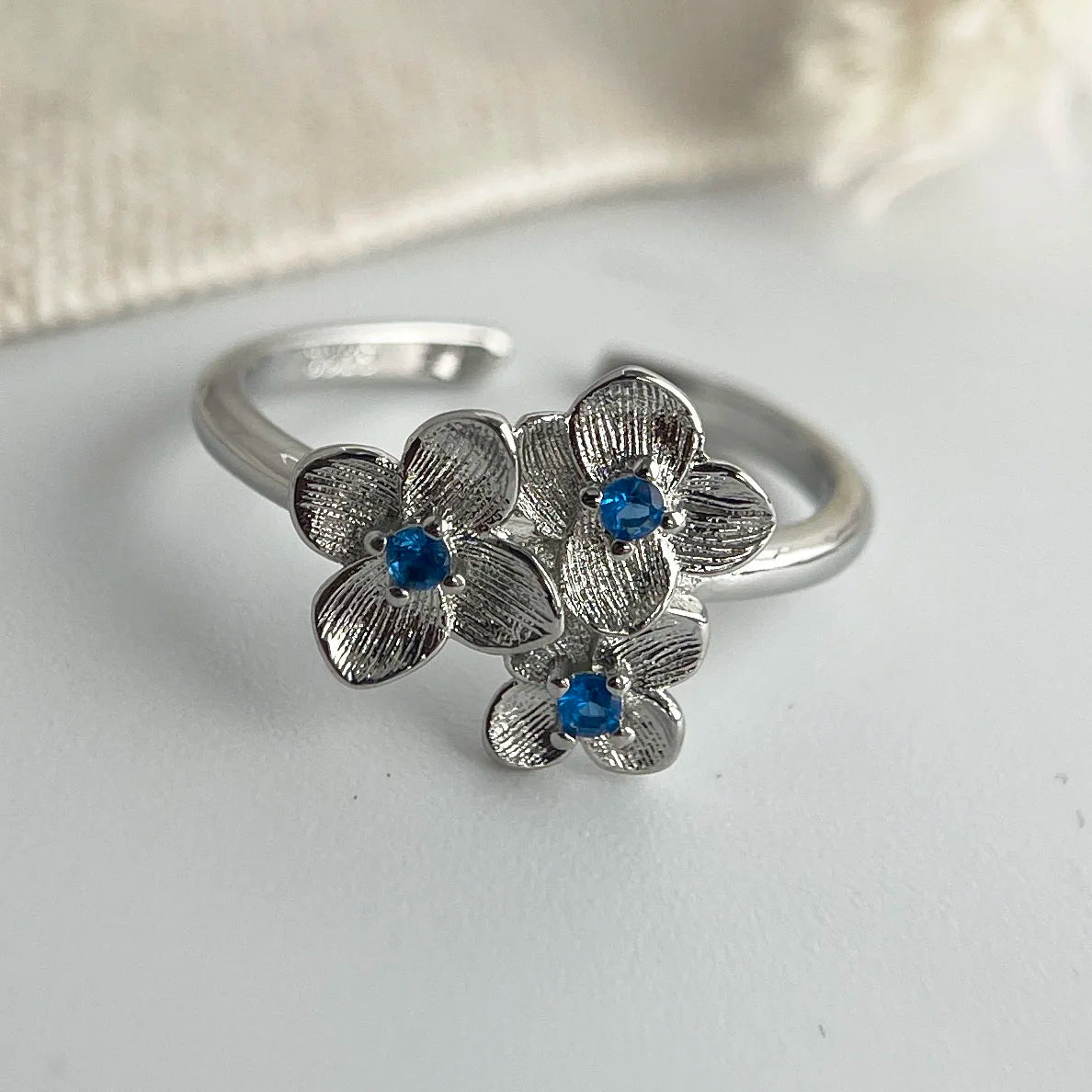 925 Sterling Silver Blue Flower Zircon Adjustable Ring