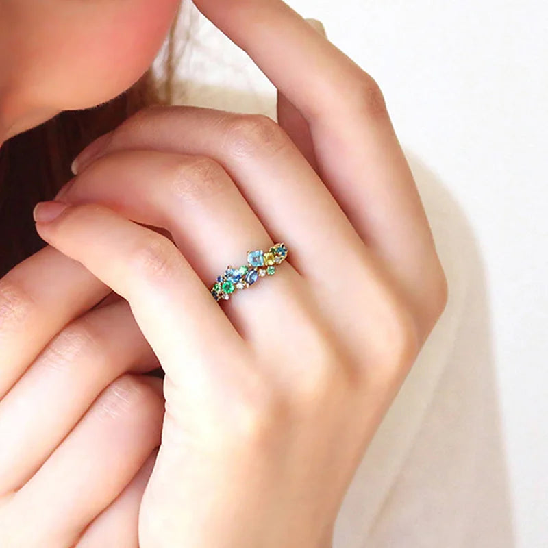 Nature Inspired Blue/Green/Clear Cubic Zirconia Brass Fashion Ring