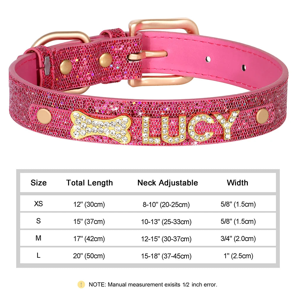 Faux Leather Dog Collar with Rhinestones - Customize, Engrave, Name Tag