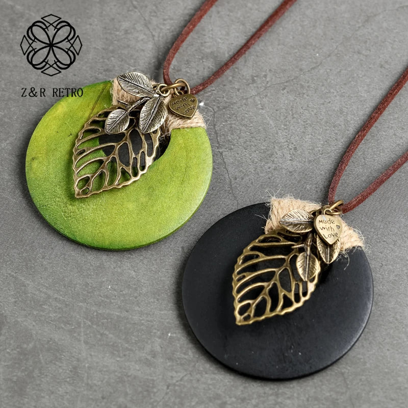 Round Wood Pendant Zink Alloy Leaf Rope Chain