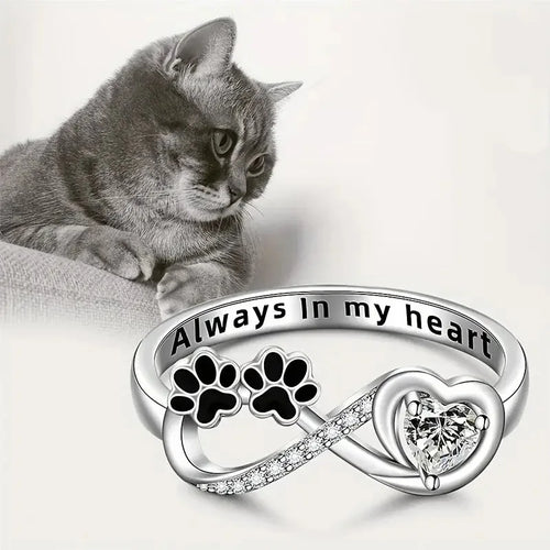 925 Silver Plated "Always in My Heart" Zircon Stones Paws Dog Footprints Ring