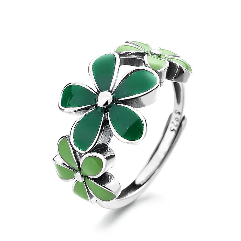 925 Sterling Silver Green Flower Adjustable Ring