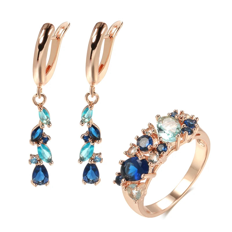 14K Rose Gold Plated Copper Earrings & Ring with Blue Natural Zircons