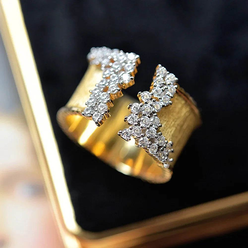Cubic Zirconia Stones Wide Band Gold Plated Copper Ring with Wiredrawing Effect - Bold, Luxurious, Statement