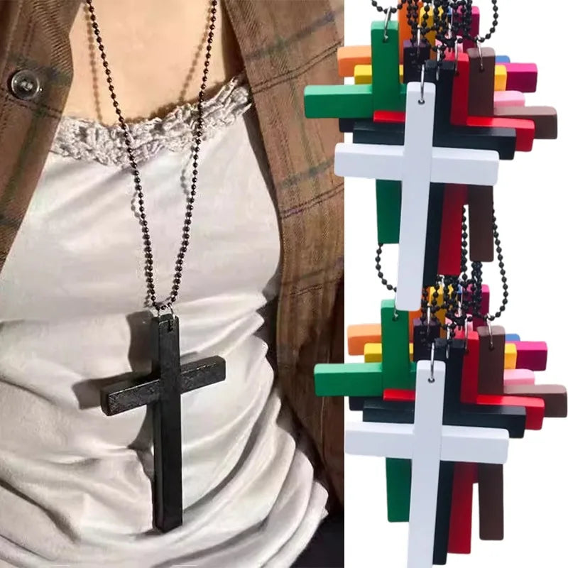 Large Y2K Goth Wood Cross Pendant Zinc Alloy Necklace