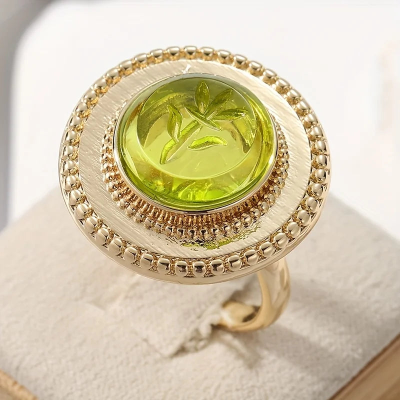 Vintage Inspired Green Large Stone Ring in Round Alloy Setting