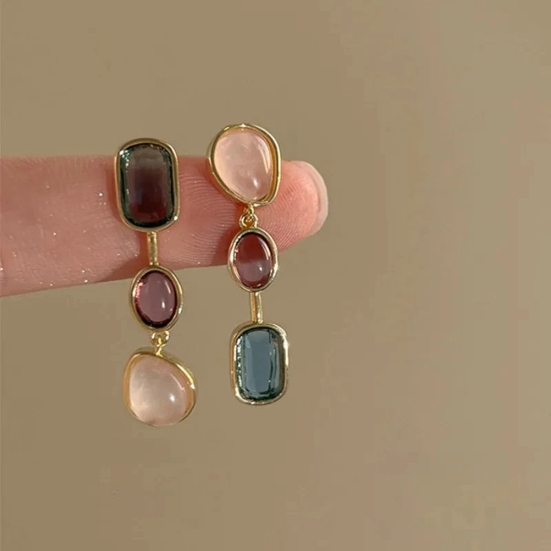 Asymmetric Colorful Resin Stones Alloy Drop Earrings