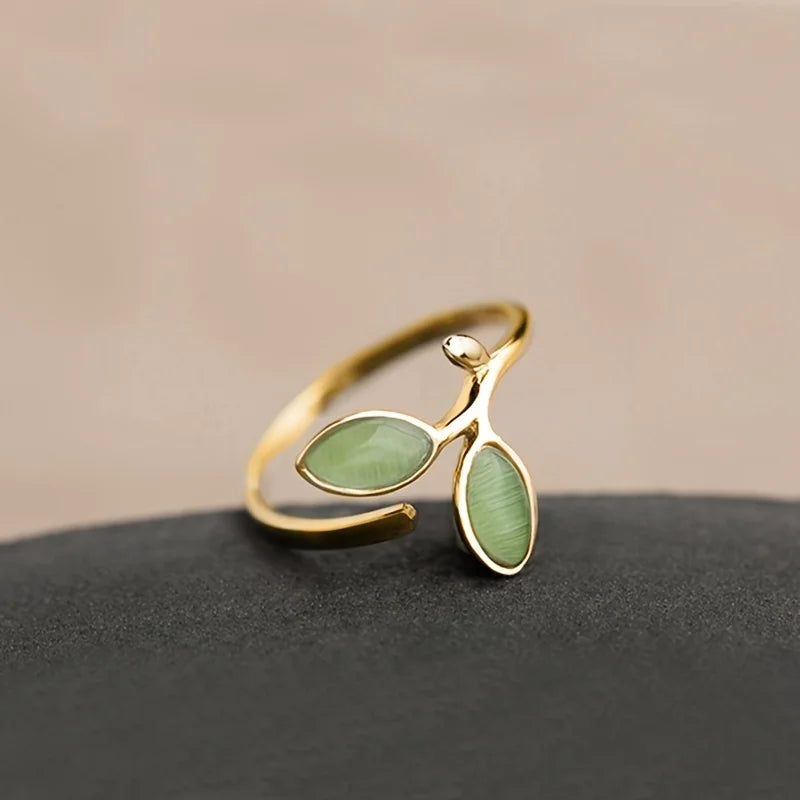 Elegant Enamel Green Leaf Ring - Adjustable Open Vine Design, Copper Plated
