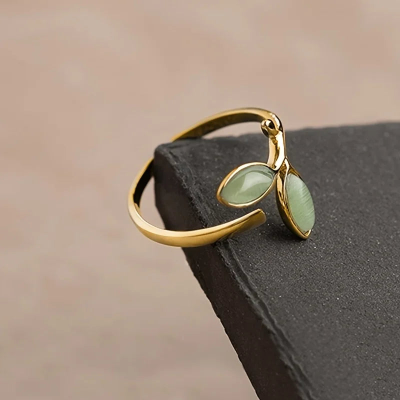 Elegant Enamel Green Leaf Ring - Adjustable Open Vine Design, Copper Plated