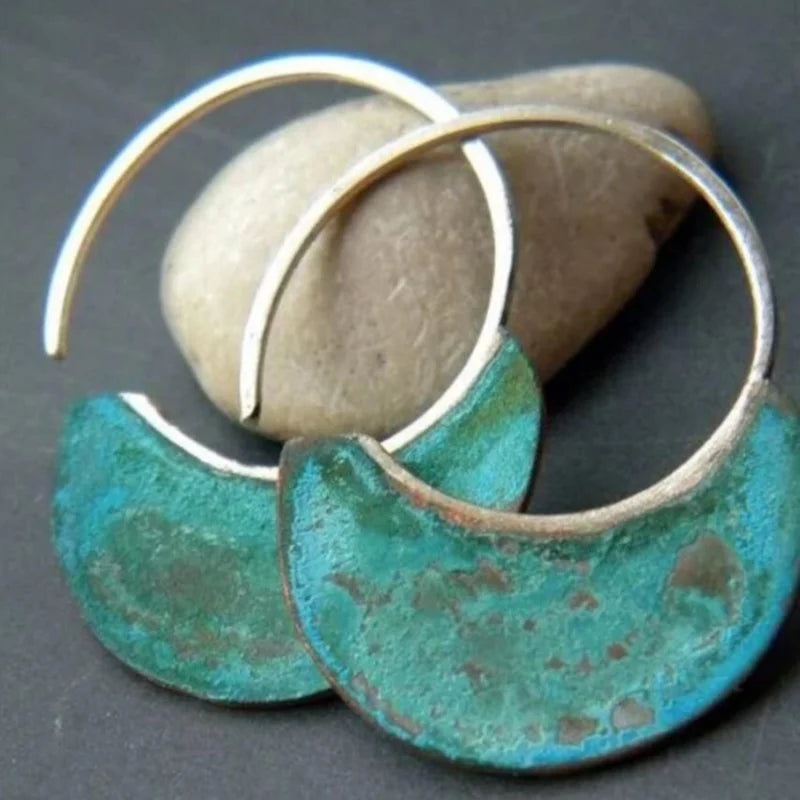 Rustic Metal Turquoise Crescent Hoop Earrings