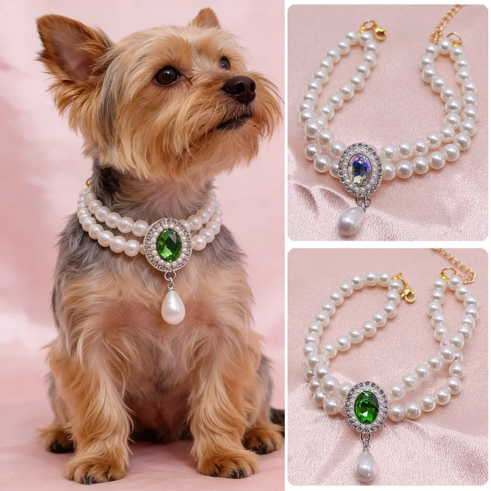 Royal Faux Pearl Green Crystal Pendant Necklace for Dogs & Cats