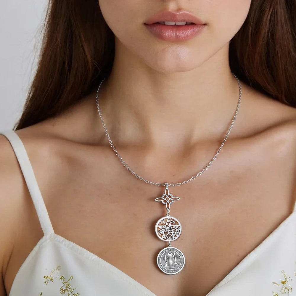 Triple Protection Stainless Steel Necklace: Witch knot, Pentagram Tetragrammaton, St. Benedict.