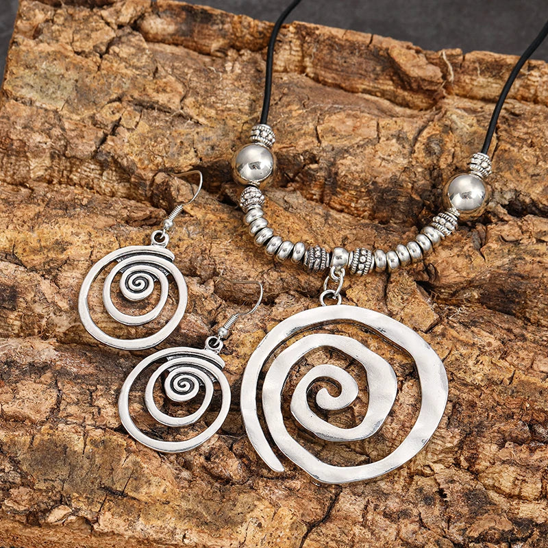 Bold Bohemian Style Alloy Spiral Pendant Necklace & Earrings