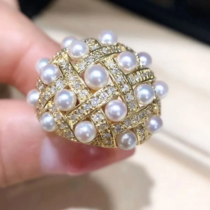 Cubic Zirconia Luxury Faux Pearl Gold Plated Copper Cocktail Ring