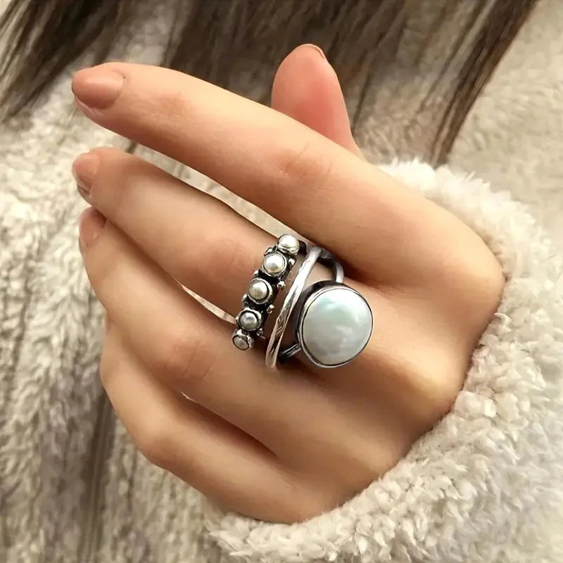 Vintage Inspired Simulated Pearl Stackable White Copper Ring - Bold, Unusual, Statement