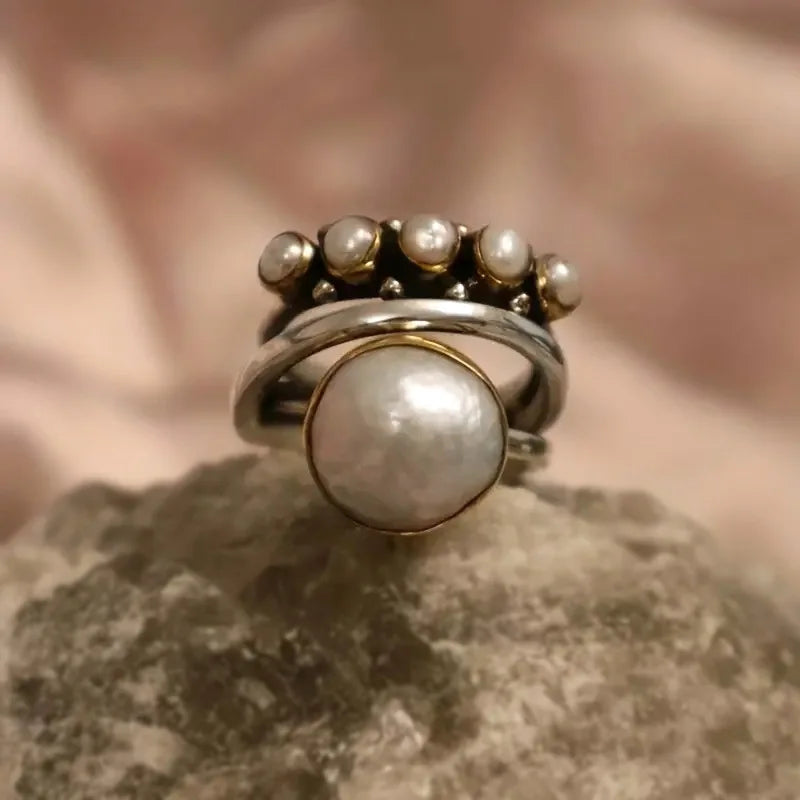 Vintage Inspired Simulated Pearl Stackable White Copper Ring - Bold, Unusual, Statement