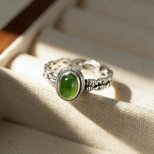 925 Sterling Silver Green Stone Adjustable Ring