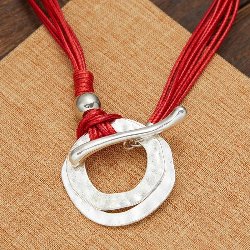 Bold Boho Style Round Alloy Pendant Red Multilayered Rope Necklace